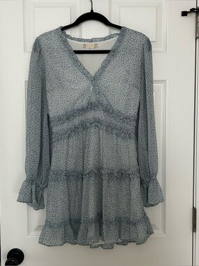 Altar'd State Light Blue Floral Long-Sleeve Tiered Mini Dress